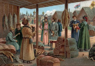 Gamla köpcentra: Pälsmässan i Novgorod (Veliky Novgorod), Ryssland under 1800-talet. Kromolitografi från slutet av 1800-talet