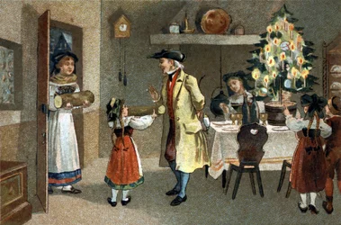 Gammal sed som firas i Alsace-regionen: julbusken. Kromolitografi från slutet av 1800-talet.
