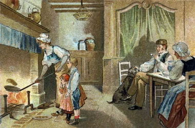 Gammal sed som firas i Berry-regionen: ljusstakespannkakor. Kromolitografi från slutet av 1800-talet.