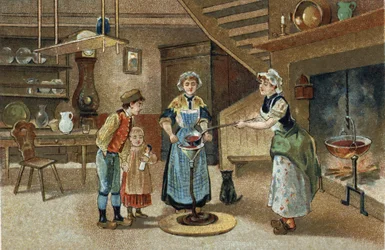 Gammal sed som firas i Dauphiné-regionen: La boudinée. Kromolitografi från slutet av 1800-talet.