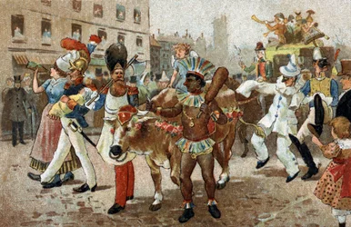 Gammal sed som firas i regionen Ile de France: Processionen av beef gras 1830. Kromolitografi från slutet av 1800-talet.