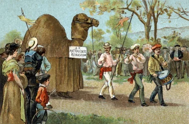 Gammal sed som firas i Languedoc-regionen: Kamelvandringen på Sankt Afrodites dag. Kromolitografi från slutet av 1800-talet.
