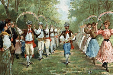 Gammal sed som firas i Languedoc-regionen: spaljornas dans. Kromolitografi från slutet av 1800-talet.