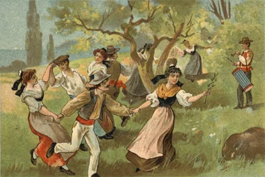 Gammal sed som firas i Provence-regionen: farandole för skördefester för silkesmaskar. Kromolitografi från slutet av 1800-talet.