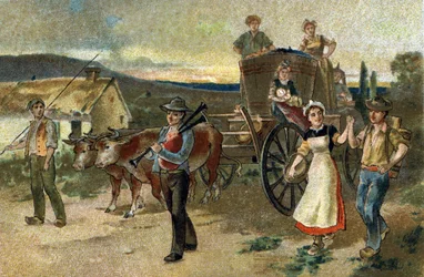 Gammal sed som firas i regionen Bourgogne: Skördefest. Den sista årgången. Kromolitografi från slutet av 1800-talet.