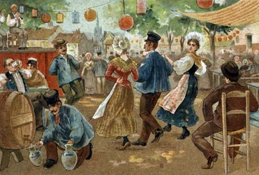 Gammal sed som firas i regionen Flandern: Flemish Fair. Kromolitografi från slutet av 1800-talet.