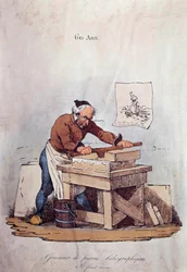 Gamla metier: den litografiska stenkornen. Detta är ett av stegen vid tryckning av litografier som består i att förbereda stenen med bläck. Illustration av 1800-talets privata samling