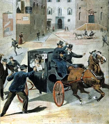 Den 16 juni 1894, i Rom, sköt anarkisten Paolo Lega en revolver mot Francesco Crispi, ordförande för det italienska rådet. Illustration av perioden.