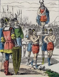 Vid Childeric I:s död valdes hans son Clovis till kung av Salians Francs som bar honom på bålverket medan han turnerade i lägret (gravyr)