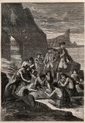 En av dem frikopplad med tänderna: viceamiral John Byron (1723-1786) på en av öarna i Detroit of Magellan - Fuegians (invånare i Tierra del Fuego) decouperar med sina tänder en val som hade slitits och förstenats på stranden - sjuk