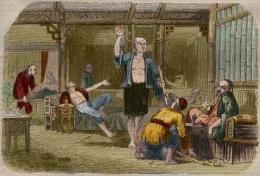 Opiumrökare i Kina i mitten av 1800-talet. Gravyr från 1857 i "" Le Musee Des Sciences""
