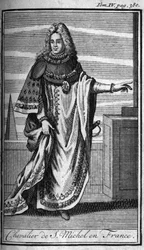 Riddarorden. Chevalier de Saint Michel i Frankrike på 1400-talet. I "" Historia om militära order eller riddare, om de säkra och rutinmässiga miliserna av båda könen, som har etablerats hittills. Upplagan hämtad från Abbe Giustiniani, R.P.Bonani, M