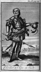 Riddarorden. Svärdsriddare i Sverige på 1500-talet. I "" Historia om militära order eller riddare, om de säkra och rutinmässiga miliserna av båda könen, som har etablerats fram till nu. Upplagan hämtad från Abbe Giustiniani, R.P.Bonani, M. Her