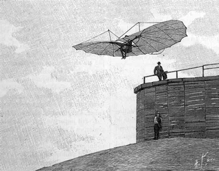 Otto Lilienthal (1848-1896), tysk flygteknikpionjär, som hoppar från sitt trätorn med sitt flygande flygplan (från ett ögonblickligt fotografi). Gravyr i "" La Nature: revue des sciences et de leurs applications aux arts et a l