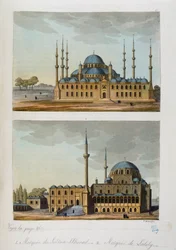 Osmanska riket: Blå moskén (eller Sultanahmet Camii) byggd av Sultan Ahmet (Ahmed) I och moskén av Laleli i Istanbul - i "" Den antika och moderna kostymen""" av Ferrario, ed Milan