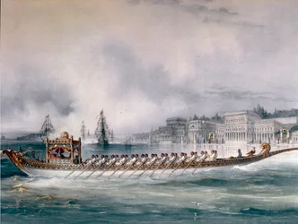 Osmanska riket: "" Representation av sultanens båt på Bosporen i Istanbul"" Ciraganpalatset är synligt. Detalj. Målning från slutet av 1800-talet. Istanbul, Marinmuseum