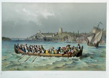 Osmanska riket: omnibusbåt i Konstantinopel (Istanbul). Litografi från 1800-talet. Dekorativ konst, Paris