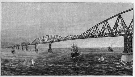 Översikt över bron över kanalen, projekt av en bro som korsar kanalen för att förbinda Frankrike med England. Gravyr i "" La Nature. Revue des sciences et de ses applications aux arts et a l
