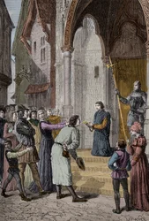 PERKIN WARBECK (c1474-1499) flamländsk bedragare; utgav sig vara Richard, hertig av York, den andre av Edward Ivs söner - Läser hans bekännelse utanför Westminster Hall, London