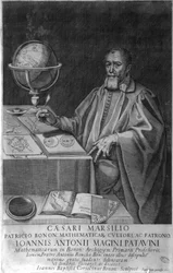 Padova Giovanni Luciano Magini (Antonius Maginus på latin), matematiker och astronom från 16-1600-talet på sitt kontor med astronomapparater. Gravyr 1617.