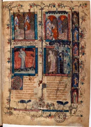 Upplyst sida hämtad från manuskriptet ""Le Roman de la Rose"" av Guillaume de Lorris (cirka 1200-1238) och Jean de Meun (Meung) (1240-1305) ca 1353 Schweiz Bibliotheque de Geneve