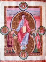 Sida i Kejsarens Bibel: Kristus omgiven av tetramorfen, mellan kejsar Henrik III och hans fru Agnes av Poitou (miniatyr