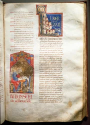 Sida av en upplyst bibel (Ms.721-Foglio 190r) från början av 1100-talet. Dämpa. 52,5x36 cm Rom, Biblioteca Casanatense