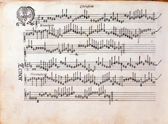 Sida med partitur av Harmonice Musices Odhecaton av Ottaviano Petrucci (1501)