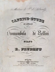 Sida med noterna till en Caprice-studie för piano av Emile Prudent baserad på La sonnambula av Vincenzo Bellini