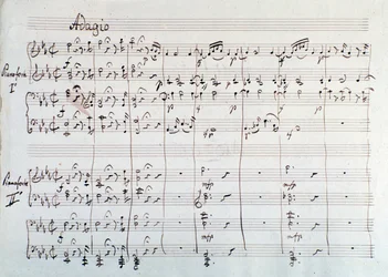 Sidan av symfonin reducerad till två pianon och åtta händer av Die Zauberflote, opera av Mozart, Lichtenthal-version (1800-talet)