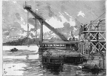 Panamakanalen fungerar. Huvudmaskiner: Bigue-pontonen. Gravyr i "" Le Monde Illustré""