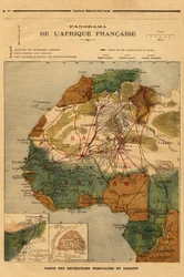 Panorama över franska Afrika, karta över franska expeditioner i Afrika. Gravyr i "" Le petit journal"" 1894-03-05. Selvas samling.