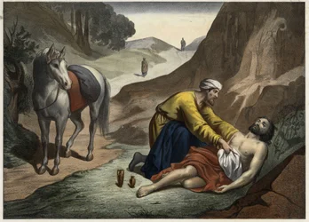 Liknelsen om den barmhärtige samariten - Samariten stannade på sin väg för att rädda den döende mannen. Anonym gravyr från mitten av 1800-talet.