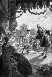 Paris, Tuilerierna (1721): Kung av Frankrike Ludvig XV (1710 - 1774) visar sig på Tuileriernas balkong. Gravyr av 1800-talet. I "Histoire de France" av Jules Michelet
