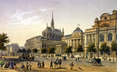 Paris: utsikt över Palais de Justice, gravyr 1:a hälften av 1800-talet.