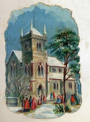 Församlingsbor som går till en kyrka för söndagsmässa. Kromolitografi omkring 1890.
