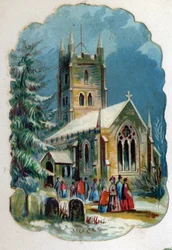 Församlingsbor som går till en kyrka för söndagsmässa. Kromolitografi omkring 1890.