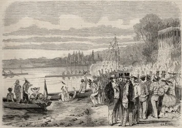 Parisiska kanotister. Regates de Saint-Cloud (Saint Cloud) 1857. Gravyr i "Le Monde illustrious"" från 1857. Privat samling.