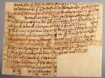 En del av ett manuskript. Brev nr 96 från Sankta Teresa till sin systerdotter Moder María Bautista (Brev nr. 96 från Santa Teresa, från Sevilla, till hennes systerdotter, Moder María Bautista, som är i Valladolid). Papper. Del 1. 30 november 1575.