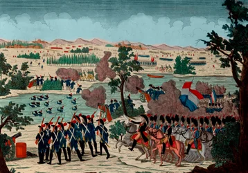 Passage av Mincio den 11 Prairial år IV (20 december 1800) av de franska grenadjärerna. Under ögonen på Bonaparte General en Chief - Gravyr - 1800 - Slaget vid Pozzolo (även känt som slaget vid Minciofloden och Monzambano) - Passagen o