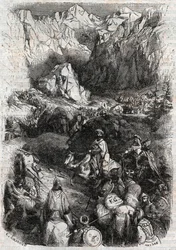 Morernas passage över Pyrenéerna - gravyr från 1851 ur Ludovico Ariostos "Den rasande Roland" (Orlando furioso) (1500-talet) - utgåva översatt från italienska av greven av Tressan och utgiven av Gustave Havard 1851