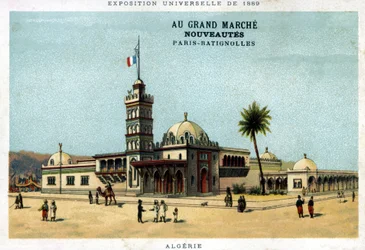 Paviljongen i Algeriet under världsutställningen 1889. Kartong utgiven av Grand Marché Nya produkter: Paris - Batignolles. Kromolitografi av 1800-talet.