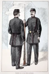 Fredsbevarare (Lepineperioden). Etsning i färger, för illustration "" History of the Corps of Peacekeepers""" bok publicerad under beskydd av Louis Lepine (1846-1933), prefekt för polisen på Seine, av Alfred Rey (1864-?) och Louis Feron (1862) -