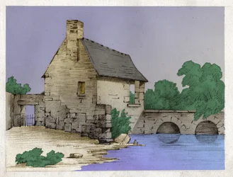 Bondehus vid kanten av en flod. (Teckning, cirka 1830)
