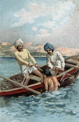 Pecheurs av pärlostron i Ceylon. Kromolitografi i slutet av 1800-talet.