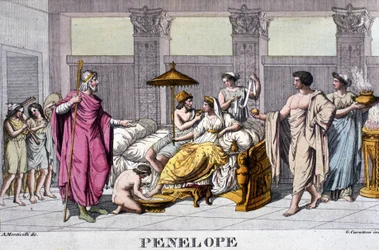 Penelope i sitt palats. 1800-talsgravyr.