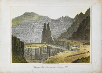 Penrhyn Slate Quarries, nära Bangor, norra Wales (handkolorerad litografi på papper)
