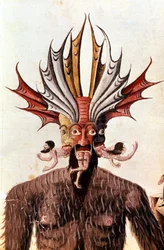 Skildring av Lucifer (djävulen) i Dantes ”Den gudomliga komedin”. Handskrift från 1300-talet. Biblioteca Trivulziana, Milano