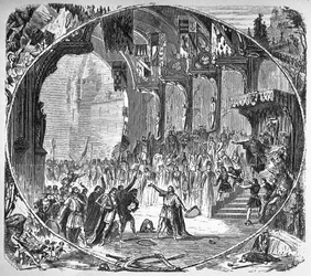 Framförande av "" Tannhauser"" av Richard Wagner på Parisoperan 1861. Sista scen i andra akten. Alphonse teckning av Neuville.