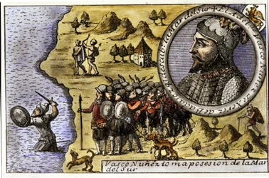 Framförande av Vasco Nunez de Balboa (1475 - 1517), spansk navigatör som var en av de första som upptäckte Stilla havet genom att korsa Dariensundet. Gravyr